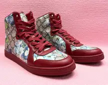 GUCCI Coda Bloom High Top Sneakers Red EU 37 US 7 Red Floral GG Supreme Logo