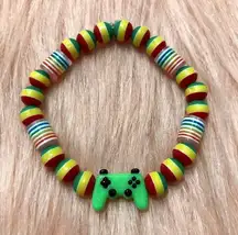 Handmade Green Video Game Controller Rasta Rainbow Beaded Bracelet