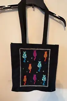 Embroidered colorful Cat Canvas Tote Bag Black Shoulder Strap Purse