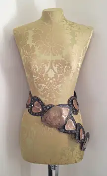 Vintage Boho Western Handmade Leather Heart Patchwork Metal Rivet Belt Size M/L