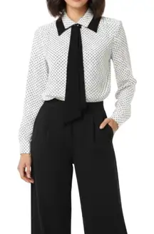 Laura and Jayne White and Black Bow Collar Vintage Diamond Print Blouse Size 8