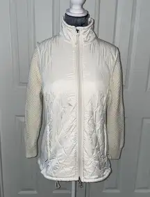 LL Bean Quilted Sherpa Lined Vest Medium Ivory Stretch Panel Zip Outdoor