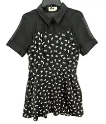 Ducks In A Row Mini Dress Women L Black Cream Cat Print Short Sleeve Sheer Lined