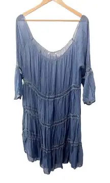 Baci Blue 100% Silk‎ Boho Sheer Midi Dress