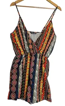 Shein Crazy Print Romper V-Neck Wrap Front Shorts Colorful Pattern‎ Sleeveless M