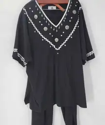 VTG Saks Fifth Avenue Womens Pants Set 3X Black Art to Wear Jeweled Top Pull On
