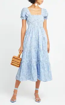 O.P.T Anthropologie Square Neck Smocked Maxi Dress in Blue Paisley