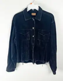 POL Black 100% Cotton Chest Pockets Frayed Hem Corduroy Trucker Jacket Small