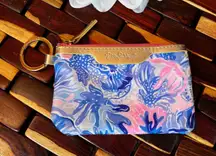 Lilly Pulitzer ID Case Coin Purse‎ Keychain Wallet Blue Pink Gold Fabric