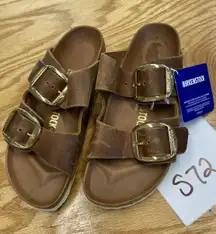 Birkenstock Arizona Birkibuc Stone Slide Sandals Women's 6 Narrow Brown S72