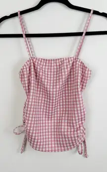 Brit & Bri Junior's Crop Tank Top Ruched Sides w/Ties Sz S Pink White Checkered