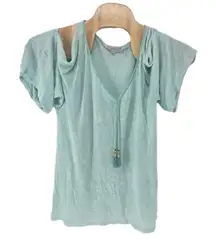 Calypso St Barth Womens Medium Aqua Blue Cold Shoulder Tassel‎ V Neck Top Linen