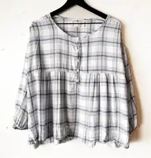 Max Studio Plaid Rayon Peasant Blouse XS/S Flowy Long Sleeve