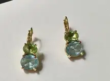 Signed Joan Rivers Gold Tone Blue & Green Rhinestone Lever Back Pierced Earrings