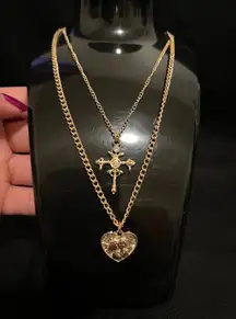 Boutique Gold Necklace With Cross & Heart Shape Pendant