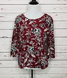 Burgundy & Black Floral 3/4 Sleeve Top Size Medium