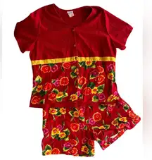 Vintage 90s 2 piece Short Set Floral Red Button Up