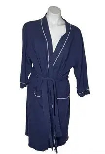 ROBE Blue Cotton Self Tie Belt Closure White Piping Patch Pockets Size XL 12-16