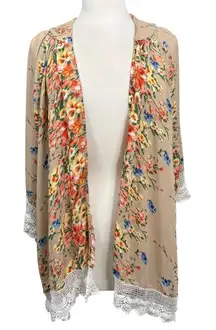 Umgee Floral Open Front Kimono Cardigan Lace Trim Boho Small Medium
