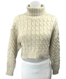 Isalis Women's Cream Cable Knit Foldover Turtleneck Crop Sweater Top Size S