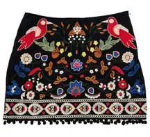 Umgee Colorful Embroidered Black Pom Pom‎ Skirt Sz M
