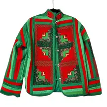 Vintage Handmade Chinese Quilted Christmas Deer Coat Womens Red Green