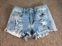 American Eagle Womens Sz 2 Hi Rise Shortie Shorts Jean Distressed Stretch Preppy