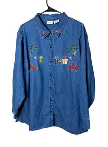 White‎ Stag 22W/24W Blue Denim Shirt Vintage Tropical Christmas Embroidered