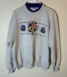 Morning Sun Jerzees Vintage Floral Embroidered Mock Neck Sweatshirt Size Large