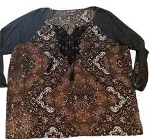 GLORIA VANDERBILT top blouse shirt boho 2X black brown gray lace