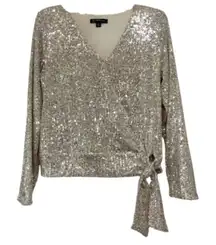 INC Silver Sequins Surplice Tie-Front Blouse‎ Size Medium
