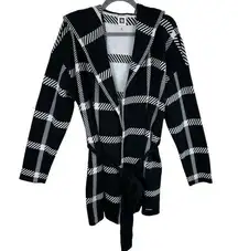 Anne Klein Black White Checkered Hooded Belted Tight Knit Cardigan Size XL