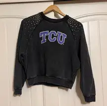 TCU Cropped Sweatshirt Womens Small Gameday Couture Studded Sleeves Dark Gray
