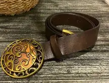 Vintage Brown & Gold Metallic Scroll Buckle Wide Chunky Belt