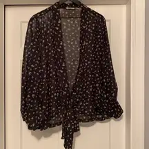 black floral sheer tie front kimono, OS