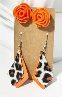 Leopard Vegan Leather Dangle & Orange Rose Stud Earrings Orange & Black 2 Pairs‎