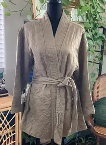 Billabong Khaki Green Diamond Quilted Open Front Tie Waist Kimono Jacket - L