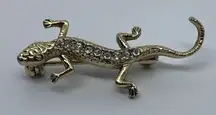Vintage Gold‎ Tone Salamander Lizard Gecko Fashion Pin Brooch 9 Rhinestones CZ