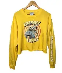 Looney Tunes Cropped Sweatshirt Pullover Crew Neck Graphic Print Yellow Small