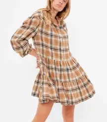 Women's Soft Cotton Brown Plaid Tiered‎ Mini Dress Small