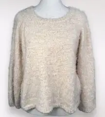EM & ELLE Textured Fuzzy Cream Eyelash Knit Pullover Sweater Small
