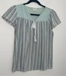 Mint and Grey Striped Cap Sleeve Babydoll Blouse Top Career Office