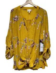 Anthropologie Fig & Flower‎ Tunic Top Women 3X Yellow Floral Embroidered Boho
