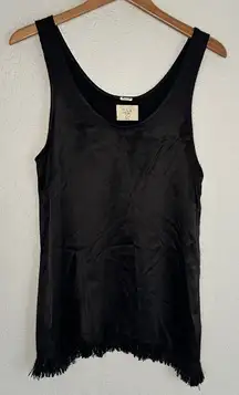 Tina Jo Anthropologie Black Silky Tank Top Fringed Oversized Small Date Night