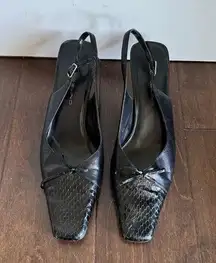 Bandolino Black Square Toe Leather Ribbon Bow Slingback Kitten Heels Size 8.5