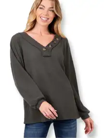 Zenana Brushed Waffle V Neck Button Detail Sweater Charcoal
