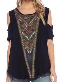 Free People Gypsy Spell Black Embroidered & Beaded Cold Shoulder Blouse, Size S