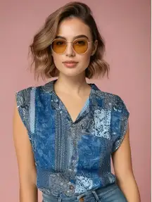 Bailey & Chloe Women's XL Blue Patchwork Short Sleeve Flowy Button Up Blouse‎