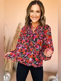 ENTRO On Repeat Red Dahlia Abstract Floral Shirred Puff Sleeve Blouse Size L NWT