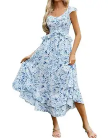 Grace Karin Blue White Floral Ruffle Sleeveless Flowy Boho Maxi Dress Small NWT